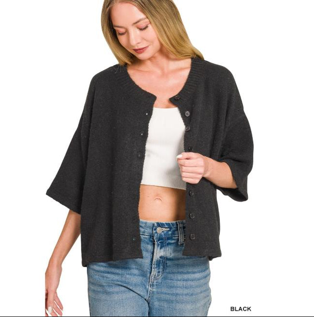 Wool Blend Half Sleeve Cardigan Sweater - Charcoal