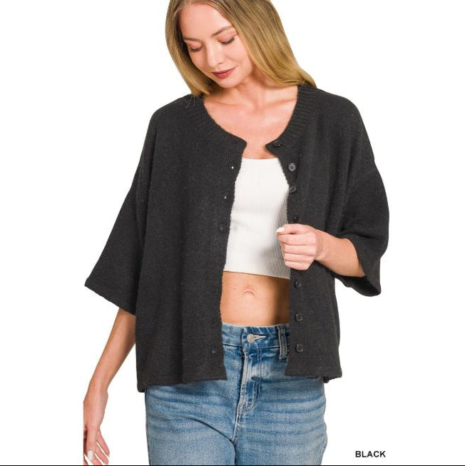 Wool Blend Half Sleeve Cardigan Sweater - Midnight