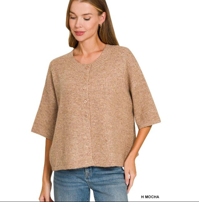 Wool Blend Half Sleeve Cardigan Sweater - Mocha