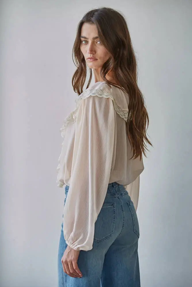 Woven Polyester Chiffon Long Sleeve Ruffle Top : Soft Blush - Posh Finds