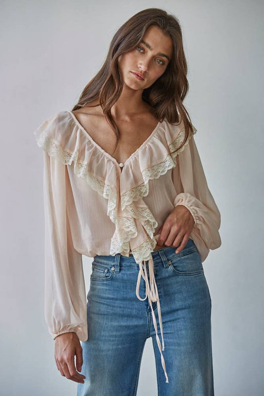 Woven Polyester Chiffon Long Sleeve Ruffle Top : Soft Blush - Posh Finds