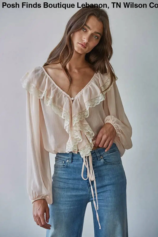 Woven Polyester Chiffon Long Sleeve Ruffle Top : Soft Blush - Posh Finds