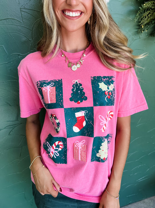 Pink Holiday Christmas Checkered Graphic T Shirt