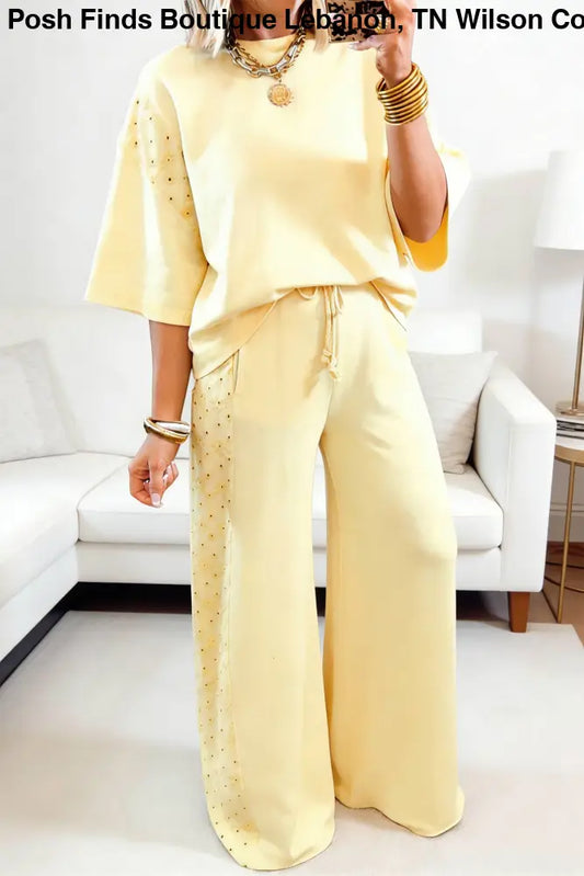 Yellow Cream Eyelet Lace Patched Oversize Tee Drawstring Pants Set - set