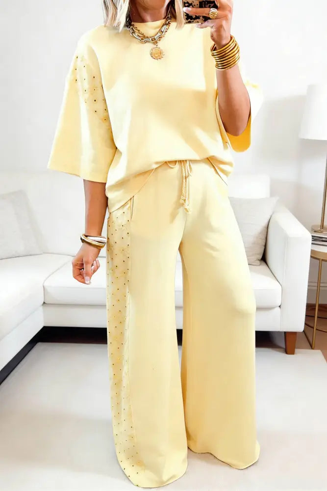 Yellow Cream Eyelet Lace Patched Oversize Tee Drawstring Pants Set - set