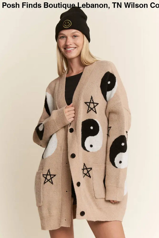 YIN YANG STAR KNIT CARDIGAN: OATMEAL - Posh Finds